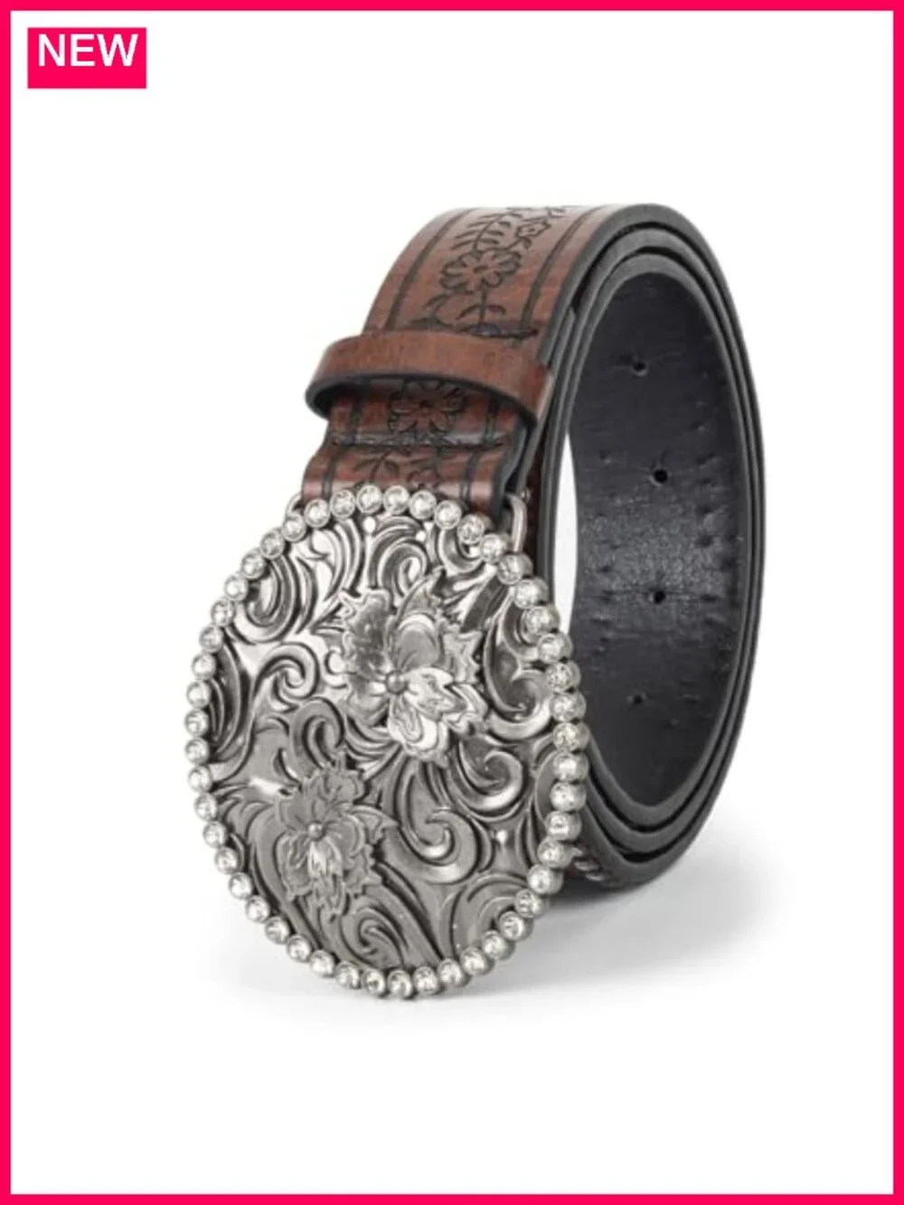 Rhinestone flower buckle cowgirl western belt PU leather
